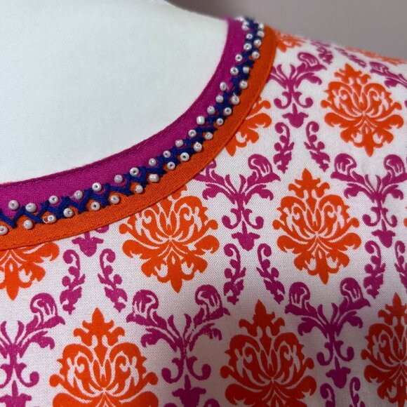 Womens Indian Style Printed Tunic Dress Embellished Neckline Vibrant Pink - M - Picture 9 of 9